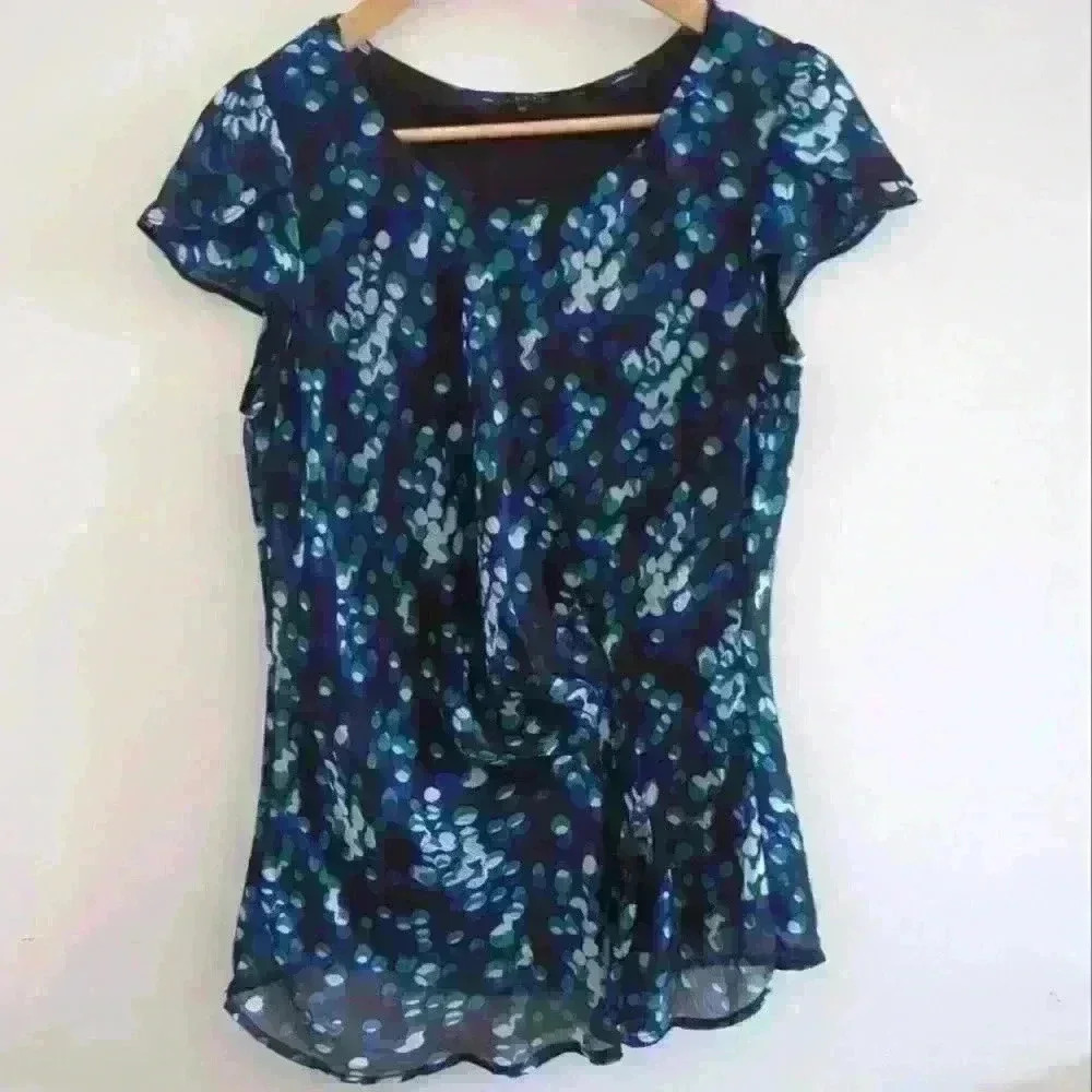 ISPIRI | Women's Black/Teal/Blue Dotted Short Sleeve Front Ruched  Blouse